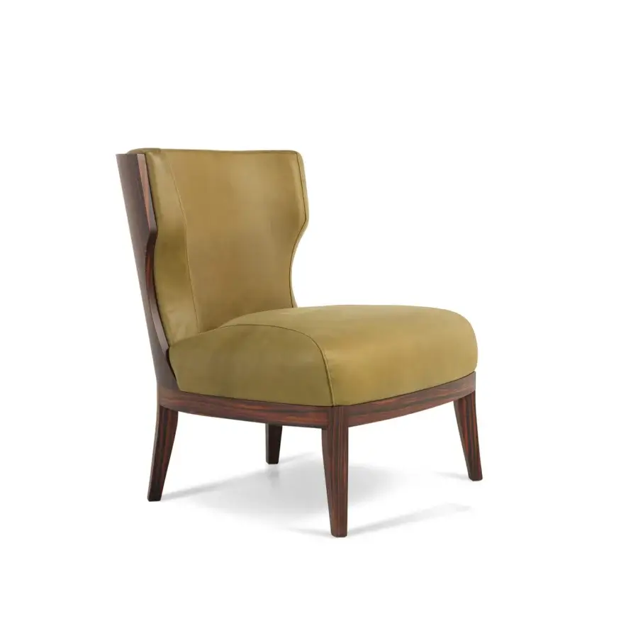 Exceptional Bellavista Grace lounge chair with curved poplar wood, olive-green fabric upholstery and striated solid wood legs