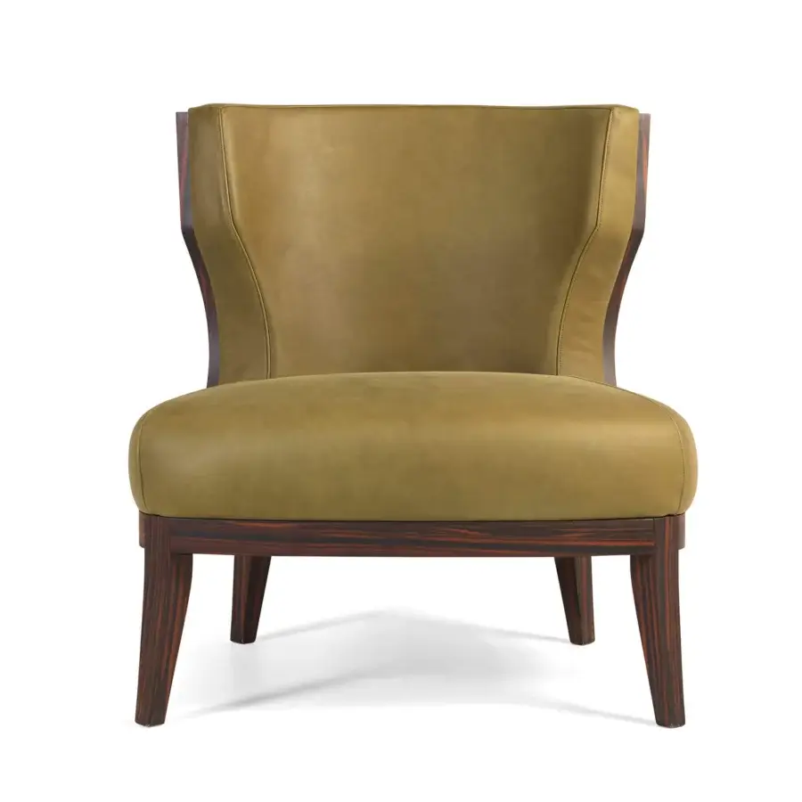 Lavish Bellavista Grace lounge chair with curved Italian poplar wood, olive-green leather upholstery and veneered wood backrest