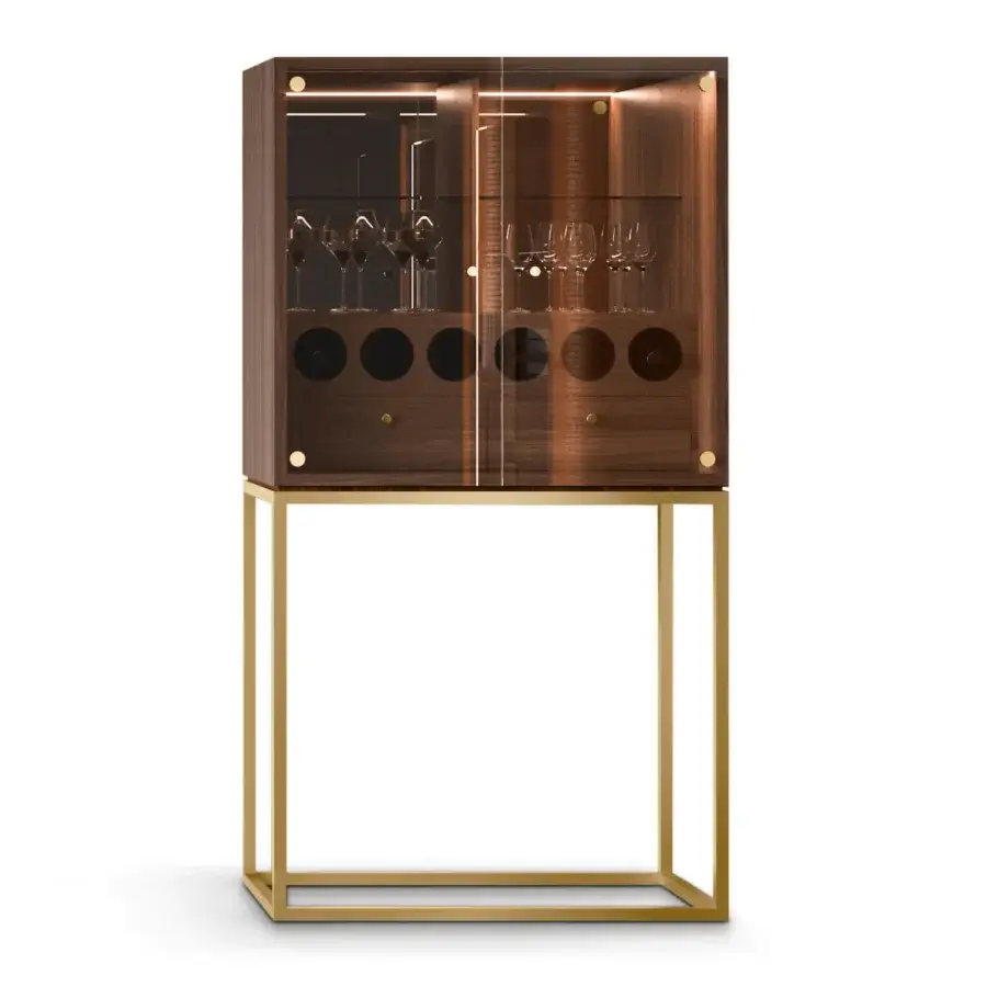 Distinguished Formitalia Jeffery cabinet with dark brown wood, glossy veneer and golden metal accents, revealing mirrored interiors with leather drawers