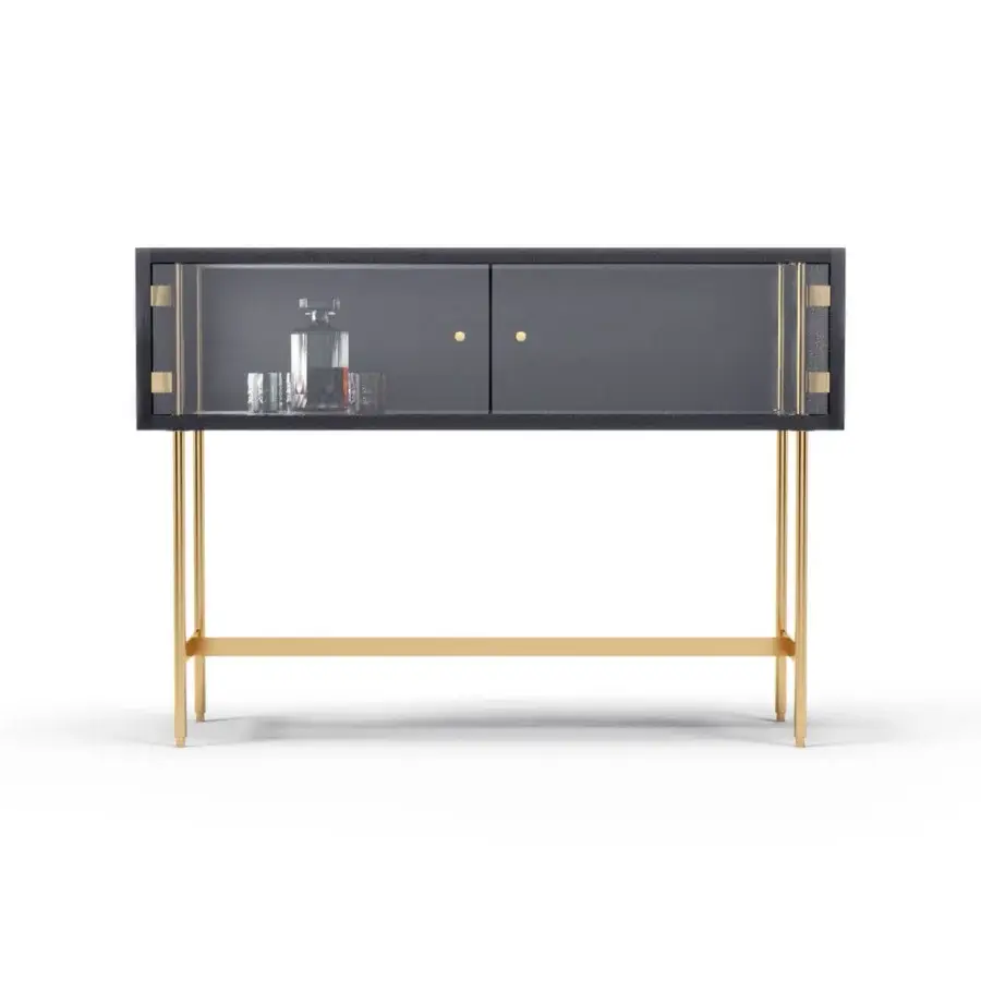 Lavish Formitalia Jeffery cabinet with dark wood, glossy gold metal and mirrored surfaces within glass doors and leather drawers