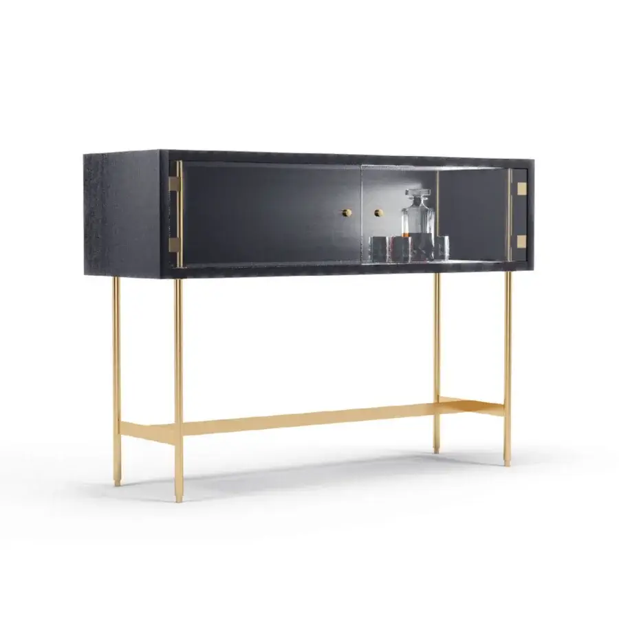 Distinguished Formitalia Jeffery cabinet with dark wood, golden metal legs and glass doors revealing mirrored interiors with printed leather drawers