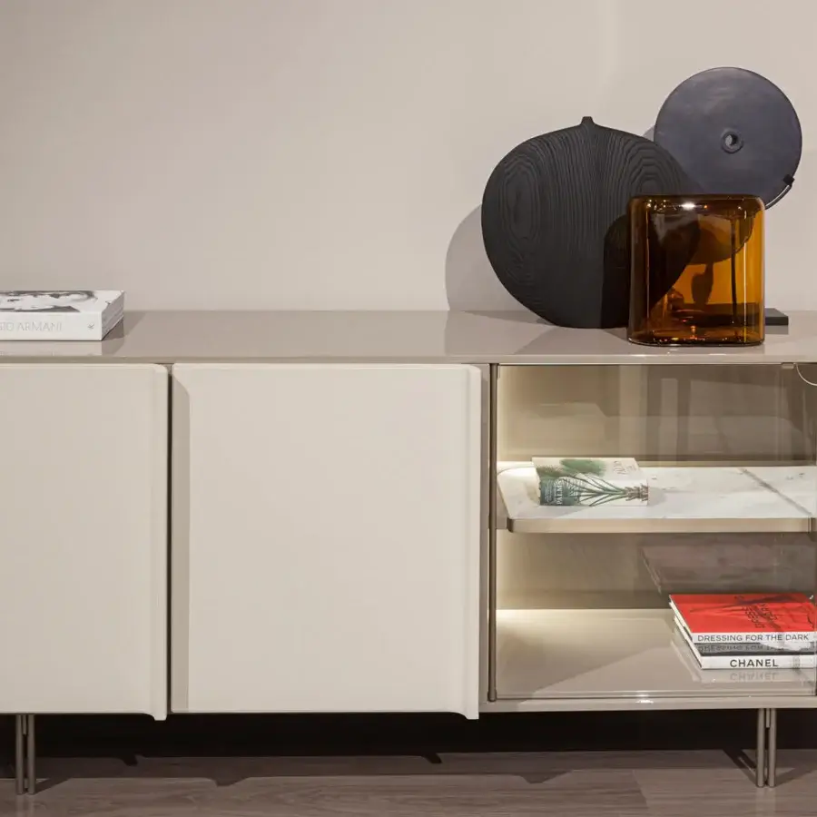 Exclusive Turri Zero sideboard with glossy lacquered wood, matte leather doors and a glass door revealing a marble insert