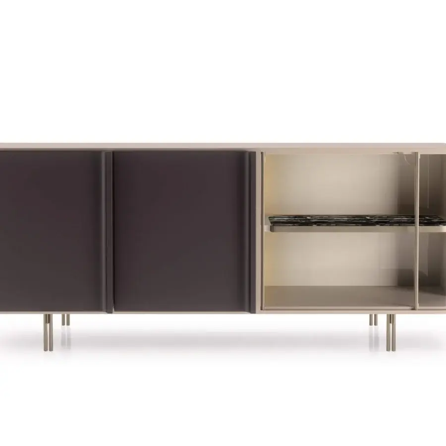 Distinguished Turri Zero sideboard with glossy lacquered wood, dark gray leather doors and a glass display showcasing wooden shelving