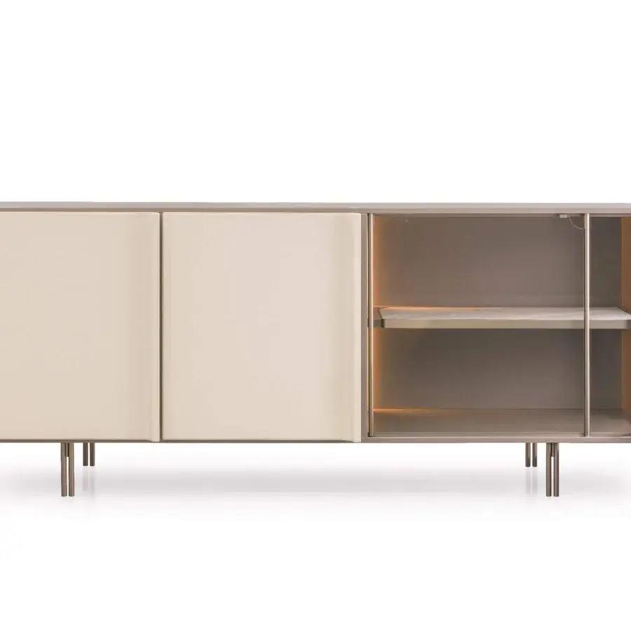 Exclusive Turri Zero sideboard with glossy lacquered wood, cream leather doors and illuminated shelving built with metal trim