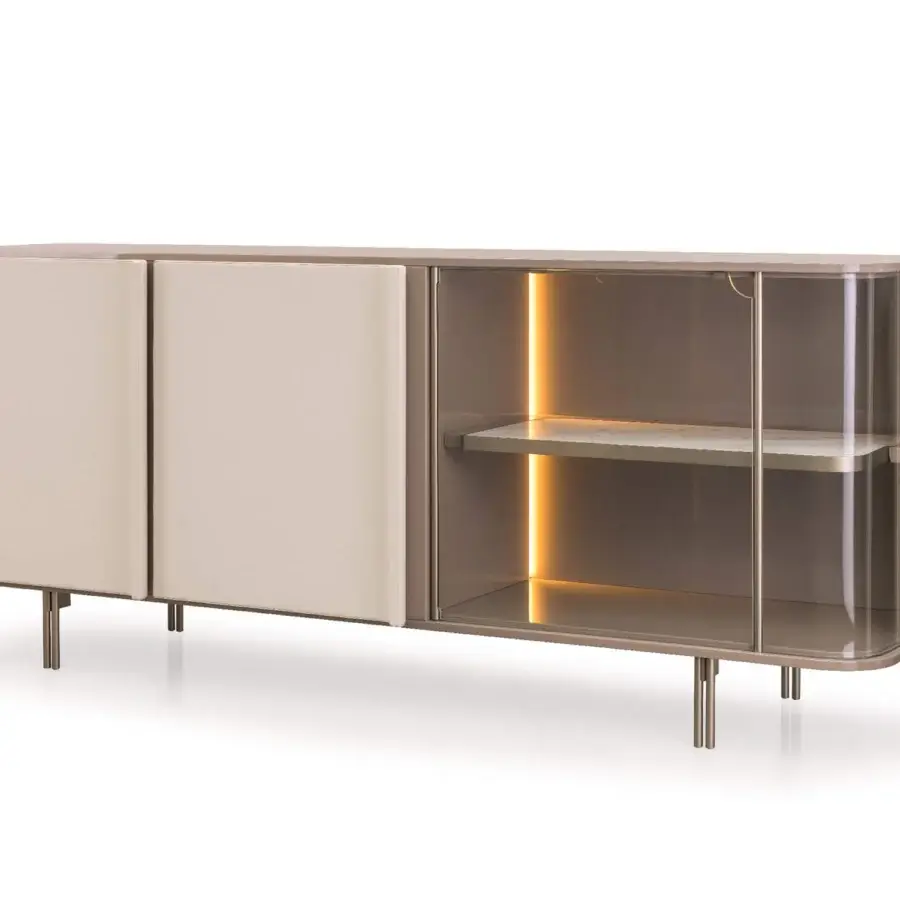 Superior Turri Zero sideboard with light beige glossy lacquer, leather-like doors and illuminated wooden shelving elevated by dark metal legs