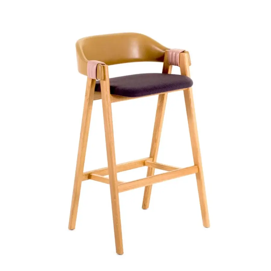 Architectural Moroso Mathilda stool with light ash wood, tan synthetic armrests, pink leather-like straps, and dark upholstered seat