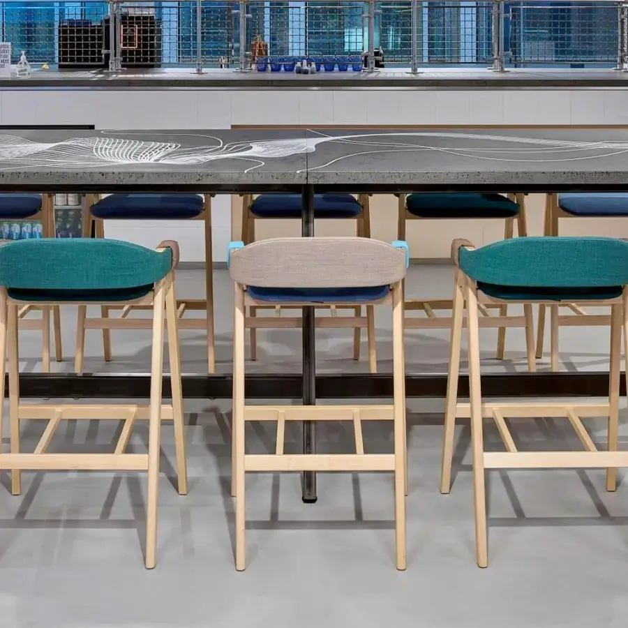 Sophisticated Moroso Mathilda stool with light ash wood frame, two-tone upholstery in blue and teal, satin finish