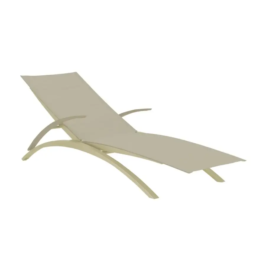 Elegant Royal Botania O-Zon lounger with light beige Batyline seat and brushed stainless steel frame