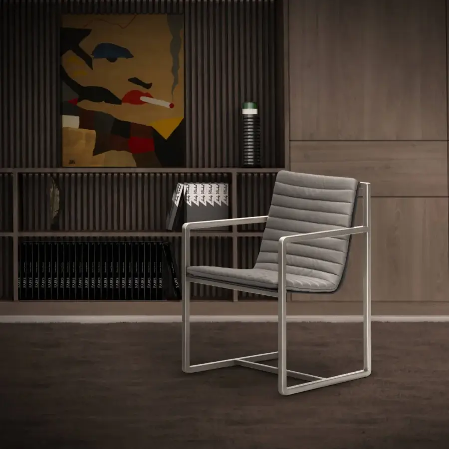 Distinguished Formitalia Kazimir armchair with gray textile upholstery and matte silver-toned metal frame