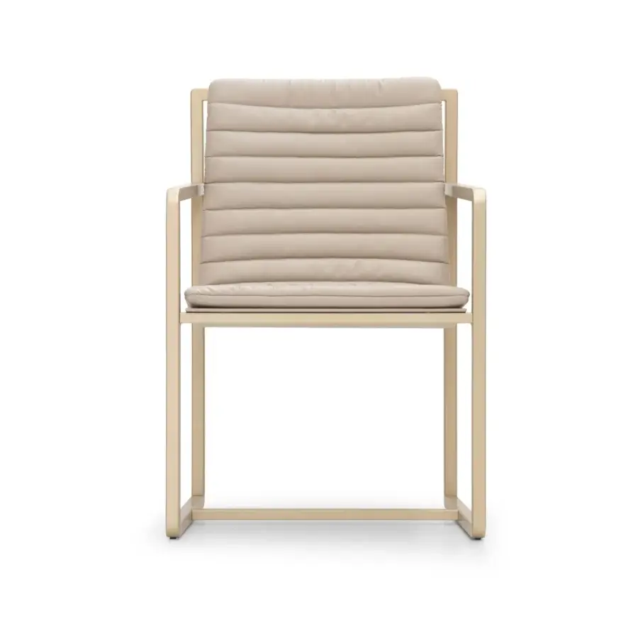 Distinguished Formitalia Kazimir armchair with light beige fabric upholstery and matte light gold metal frame