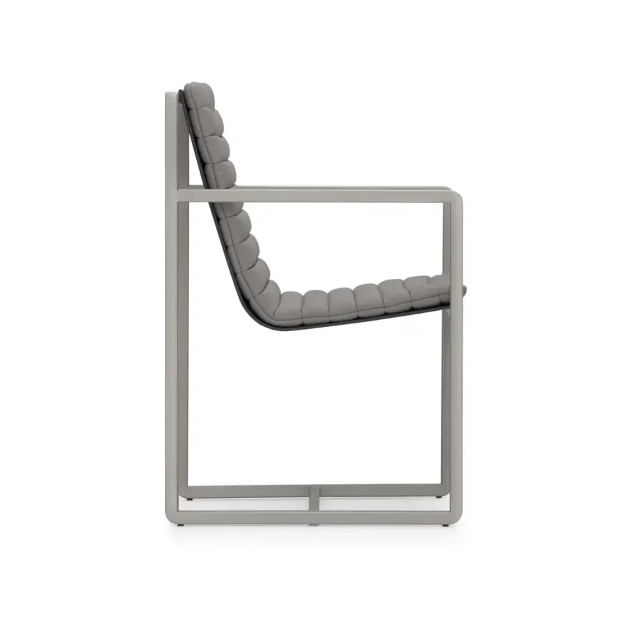 Distinguished Formitalia Kazimir armchair with quilted gray textile upholstery and matte metal framing