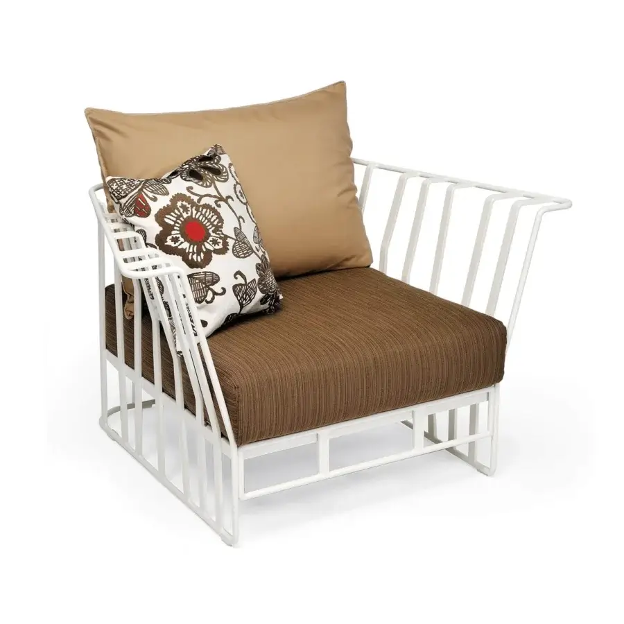Exclusive Roberti Rattan Hamptons Graphics lounge chair with white powder coated aluminum, striped textile and floral patterned pillow