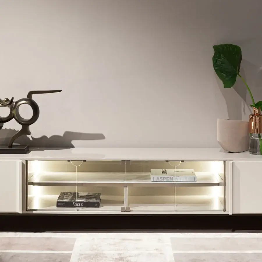 Distinguished Turri Zero TV stand with rounded edges, glossy white finish and satin platinum metal legs with glass doors and LED lighting
