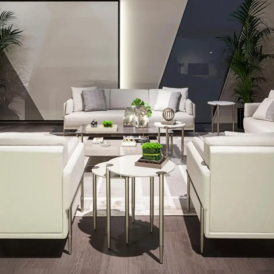 Superior Turri Zero TV stand with glass doors, coated leather and white lacquered wood built with satin metal feet