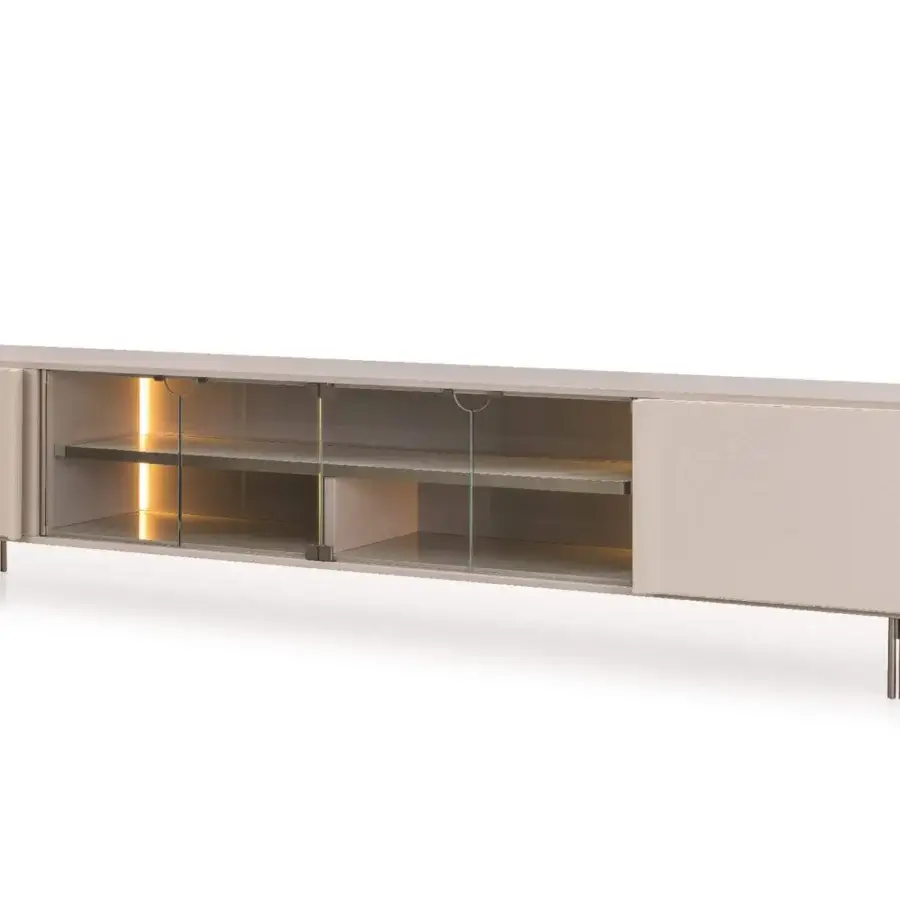 Elegant Turri Zero TV stand with glass doors, coated leather and light beige matte finish built with satin platinum feet