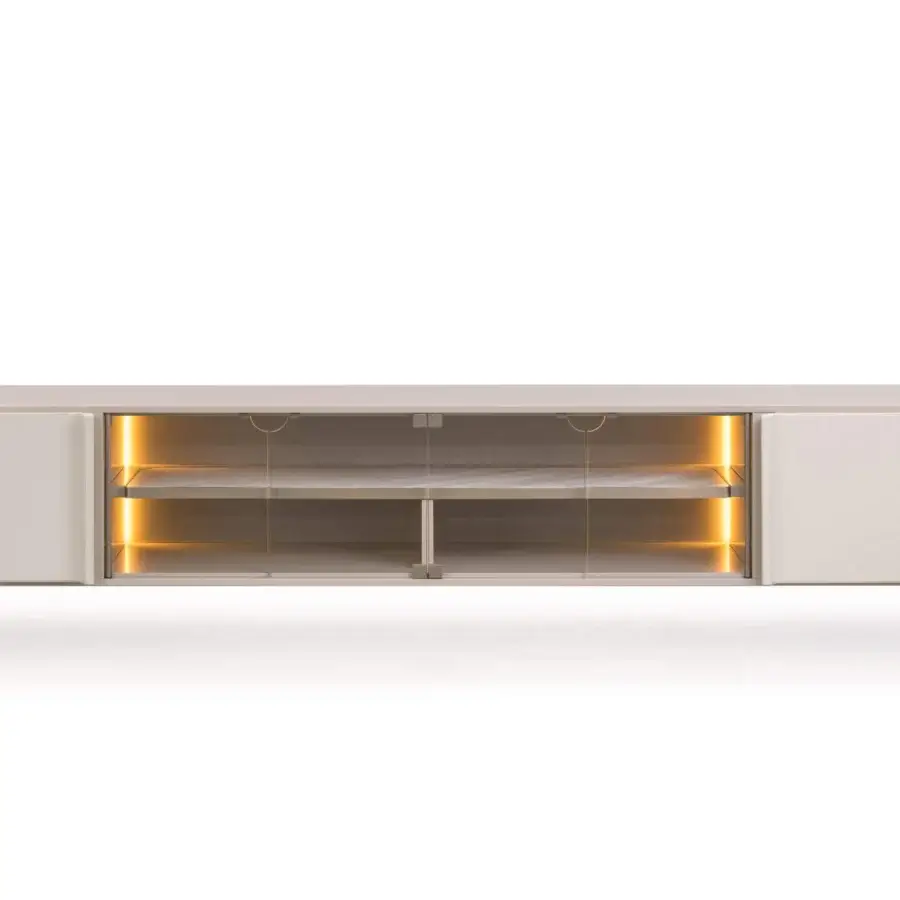 Exceptional Turri Zero TV stand with glass doors, coated leather and satin metal feet in a light cream finish