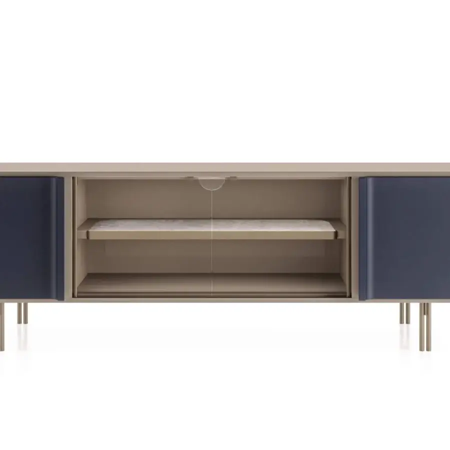 Superior Turri Zero TV stand with glass doors, navy leather and light beige lacquered wood built with satin metal feet