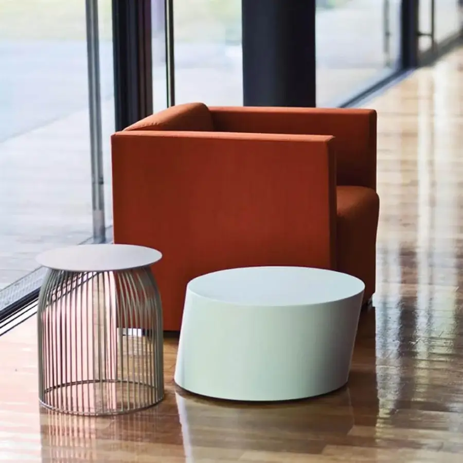 Exceptional LaCividina Scancaro side table built with lacquered sheet metal, MDF and felt, exhibiting a matte finish and cylindrical form