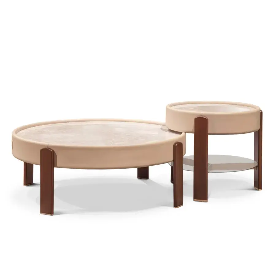 Distinguished Formitalia Kean coffee and side table set with beige marble-like tops and warm brown wood legs crafted in Italy