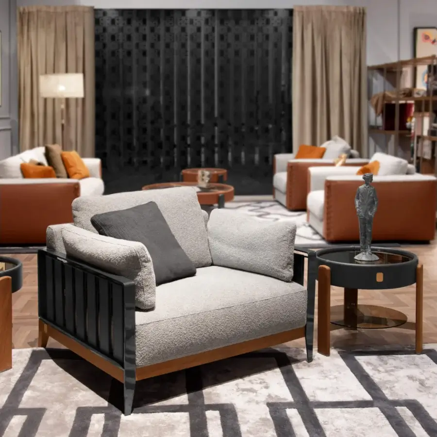 Distinguished Formitalia Kean side table with dark glossy top and light brown legs built with premium leather framing