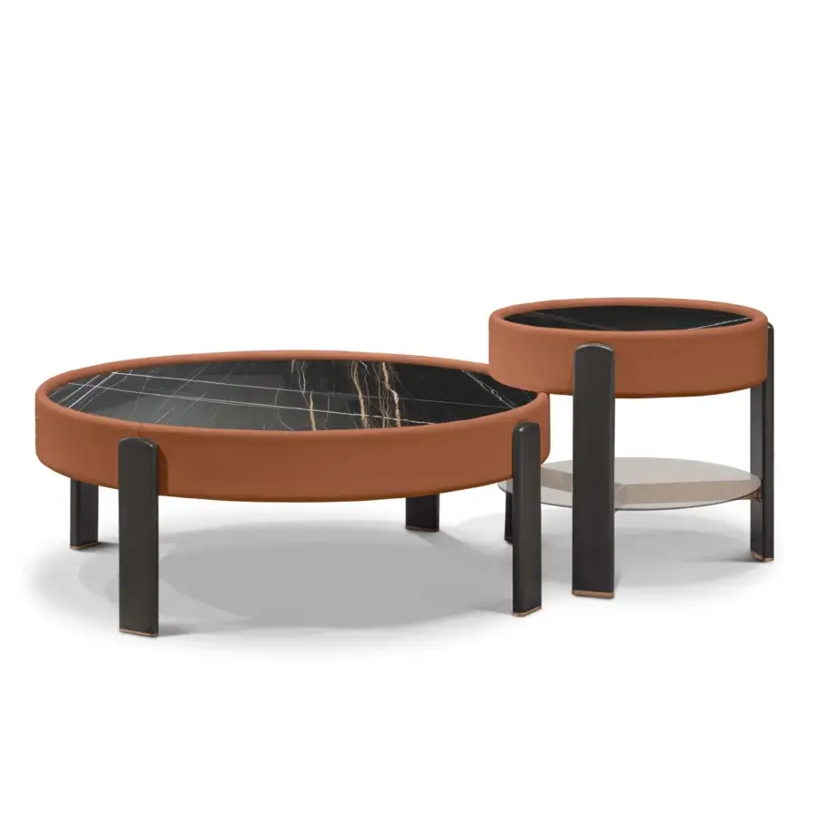 Superior Formitalia Kean coffee and side table set with dark veined top and orange-brown leather frame built with dark wood legs