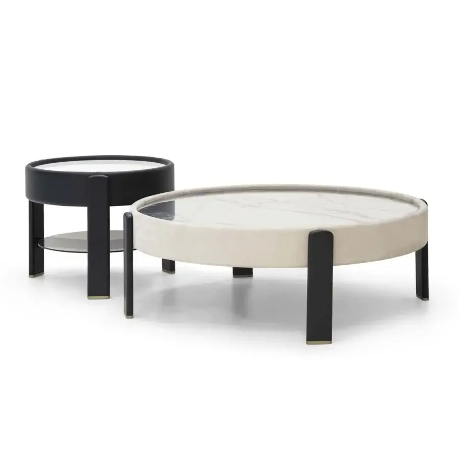 Superior Formitalia Kean coffee and side table set with marbled tops and leather frames in beige and black finishes