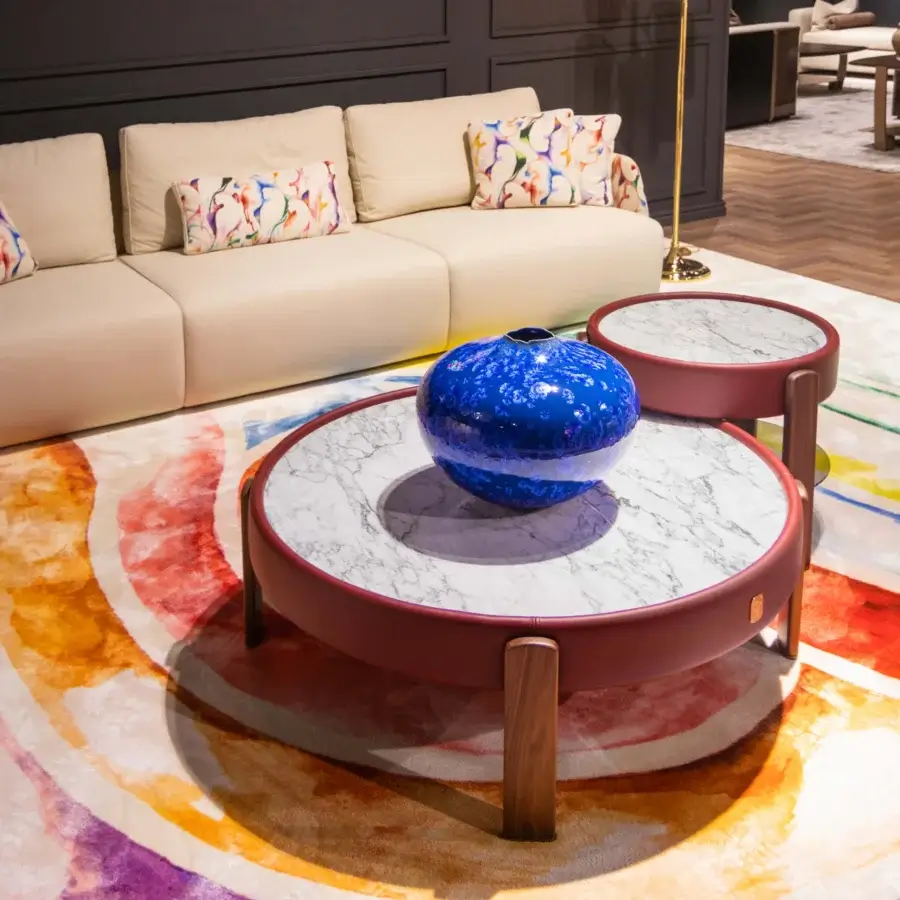 Distinguished Formitalia Kean coffee and side table set with marble-patterned tops encircled by a premium leather frame and smooth wooden legs