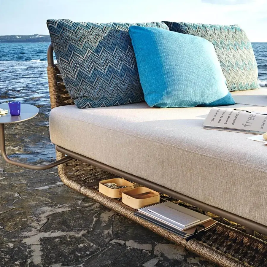 Exceptional Roberti Rattan Portofino lounger with powder-coated aluminum woven with Nautic Rope, light beige cushion and patterned pillows
