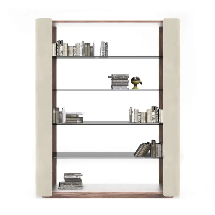 Elegant Formitalia Downtown bookcase crafted in wood veneer with sleek glass shelves and light beige upholstery