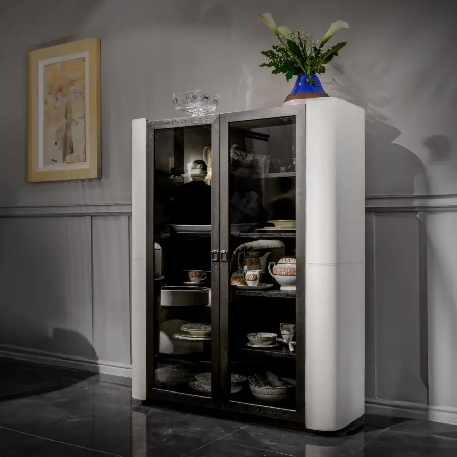 Distinguished Formitalia Downtown cupboard with light leather, tone-on-tone stitching and dark wood frame built with framed glass doors