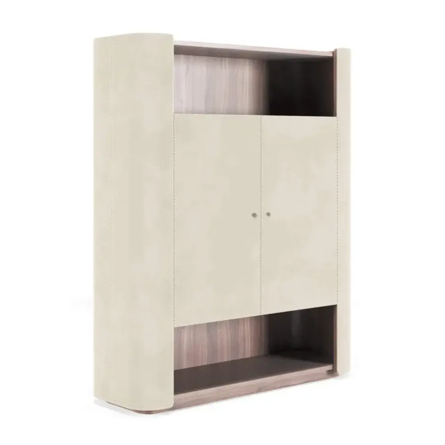 Elegant Formitalia Downtown bookcase with light beige leather, wood veneer and glass shelves crafted with tone-on-tone stitching