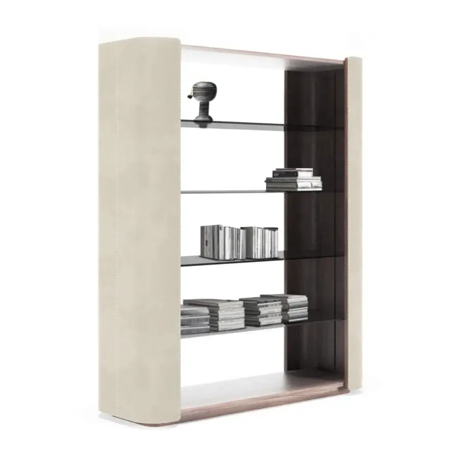 Superior Formitalia Downtown bookcase with beige leather, dark wood veneer and transparent glass shelving