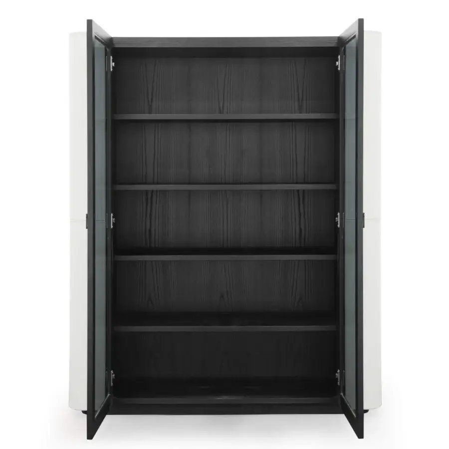 Distinguished Formitalia Downtown cupboard with bright white wood, dark shelving and glass doors crafted in leather with tone-on-tone stitching
