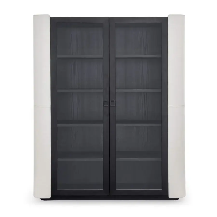Exceptional Formitalia Downtown cupboard with dark wood, glass doors and off-white leather panels built with tone-on-tone stitching
