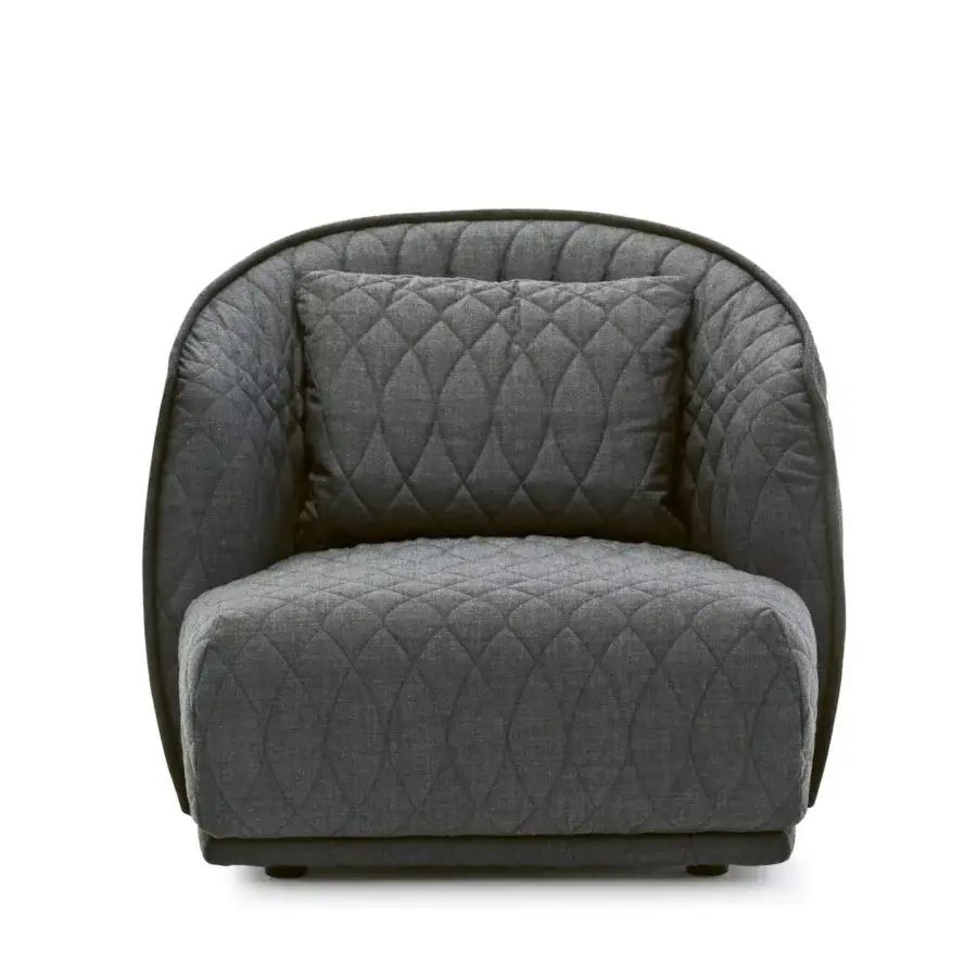 Distinguished Moroso Redondo lounge chair built in Italy with quilted gray textile and black polypropylene feet
