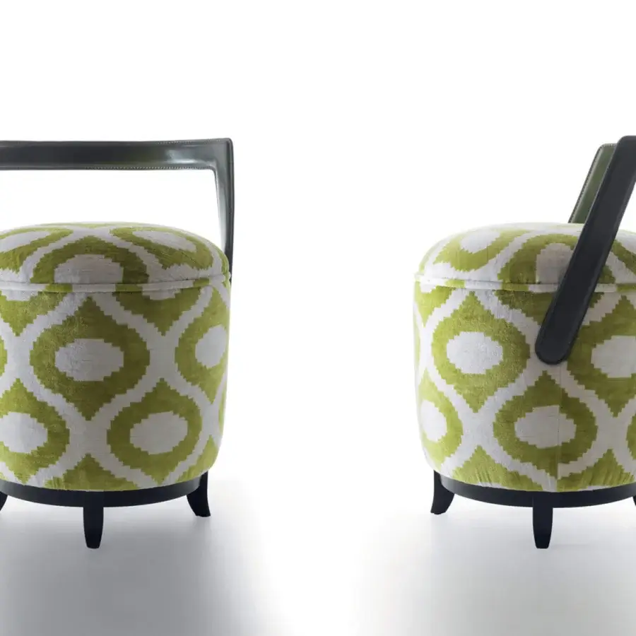Distinguished Bellavista Miro’ ottoman with light green and white patterned textile upholstery and stained ashwood base with dark legs