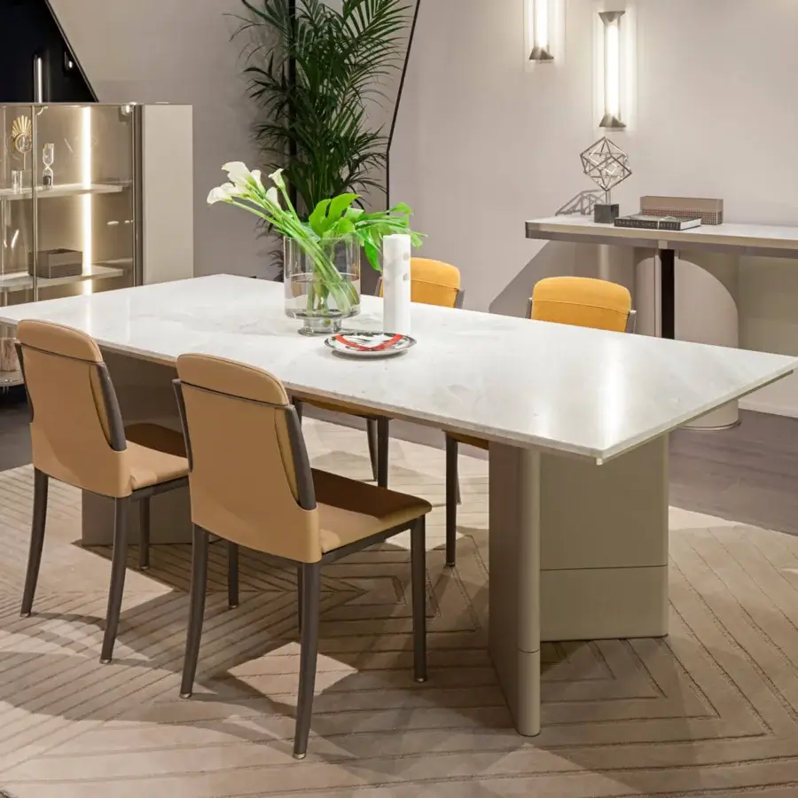 Elegant Turri Zero table with sculptural leather base and glossy lacquered wood or Italian marble top
