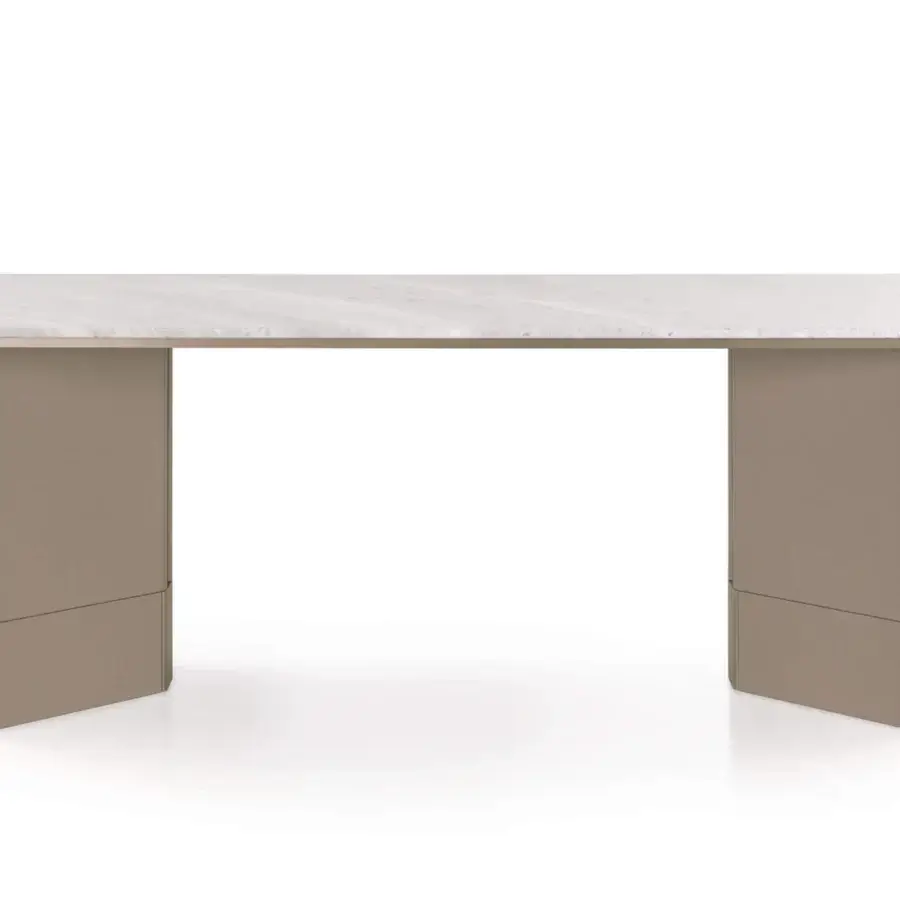 Elegant Turri Zero table with Italian marble top and sculptural base crafted in beige leather with metal accents and matte finish