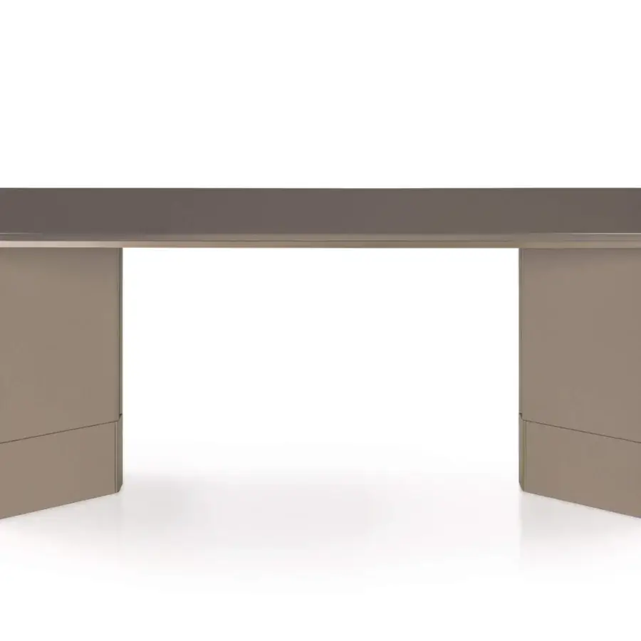 Distinguished Turri Zero table with intersecting leather wings and glossy lacquered taupe wood top