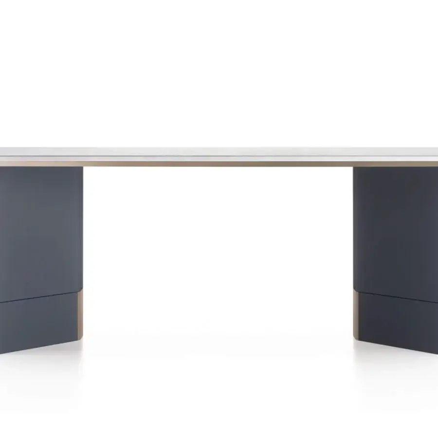 Superior Turri Zero table with sculptural muted blue-gray leather base and light matte composite top built with wood edging