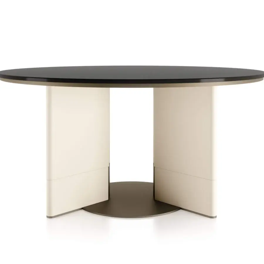 Distinguished Turri Zero table with sculptural intersecting base clad in beige leather and glossy black lacquered wood top
