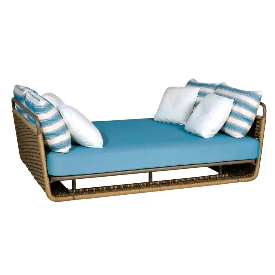 Sophisticated Roberti Rattan Portofino lounger with a powder-coated aluminum frame woven in durable Nautic Rope and light blue cushions