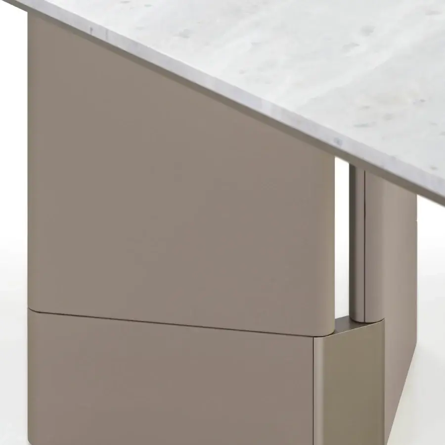 Elegant Turri Zero table with rectangular Italian marble top and matte taupe leather base embellished with metal