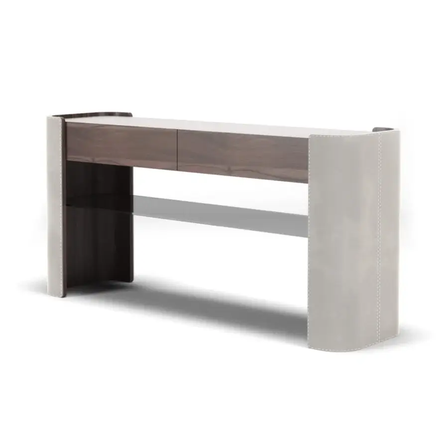 Distinguished Formitalia Downtown console with sleek leather sides and dark veneered structure, built with a light glass shelf