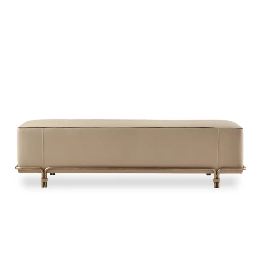 Superior Bellavista Frida bench with solid fir wood structure, smooth matte beige textile upholstery and hand-refined cast brass base