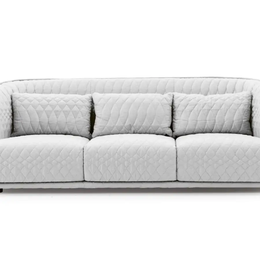 Distinguished Moroso Redondo sofa crafted in Italy with light gray quilted textile and black polypropylene feet