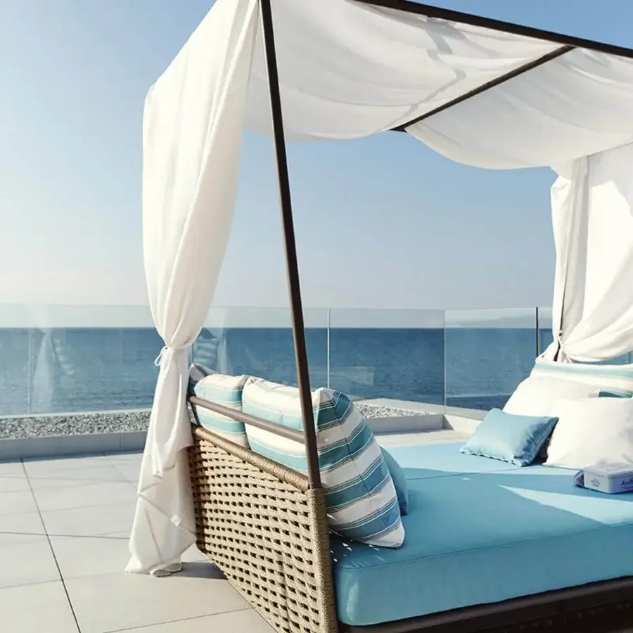 Exceptional Roberti Rattan Portofino lounger with aluminum powder coating woven in nautic rope and light blue cushions