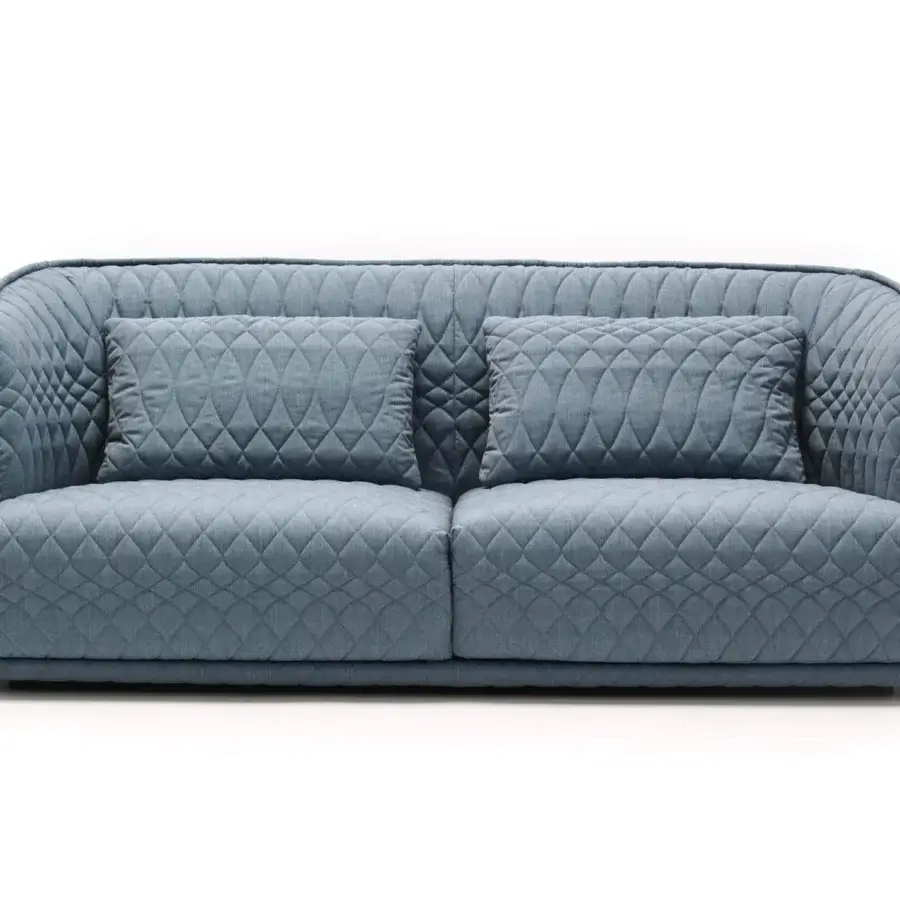 Exceptional Moroso Redondo sofa crafted in Italy with muted blue-gray quilted textile and a two-part padded shell