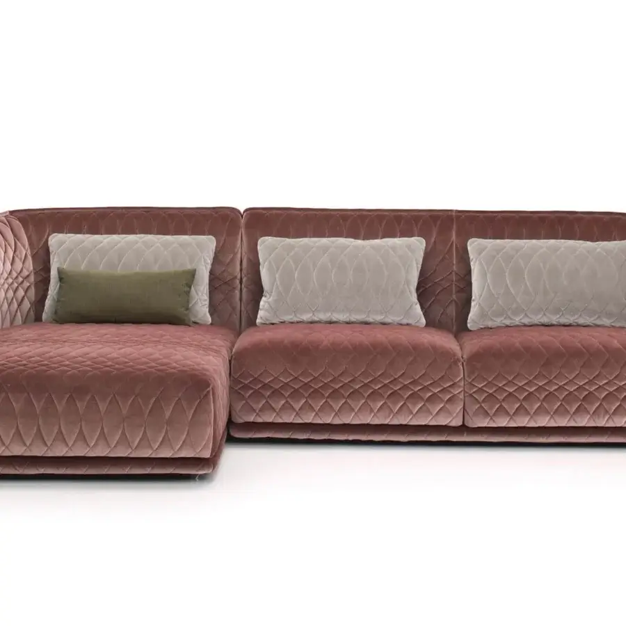 Superior Moroso Redondo sofa crafted in Italy with quilted dusty rose textile and black polypropylene feet including light gray and olive green pillows