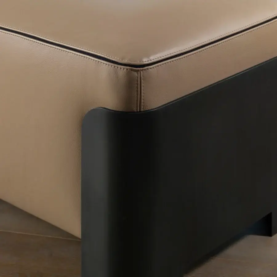 Exceptional Bellavista Lilligre bench with solid fir wood and tan synthetic leather upholstery, accented by black stitches and a blackened metal base